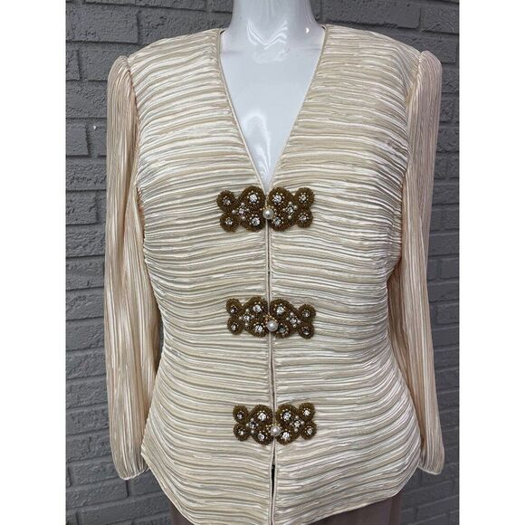 Formal Threads Women Cream Crinkle Blouse With Faux Pearls / Gold Beads - Picture 2 of 11